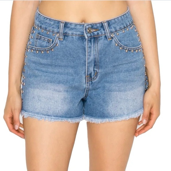 Cali-1850 Blue Denim Studded Festival Shorts Sz 7/28 - Picture 5 of 15